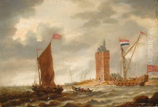 Shipping In A Breeze Before A Coast With A Fortified Tower - view 1
