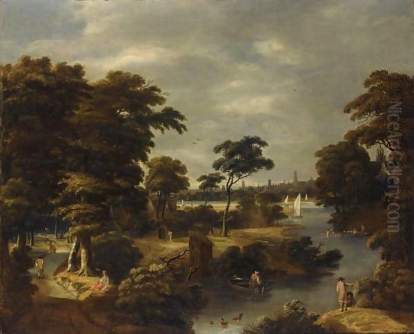 A Wooded River Landscape With Several Men Bathing, Travellers On A Path To The Left - view 1