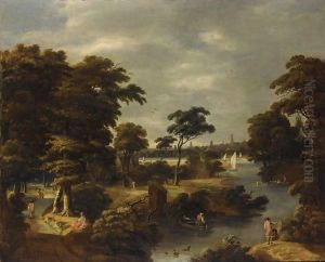A Wooded River Landscape With Several Men Bathing, Travellers On A Path To The Left by Jan Looten