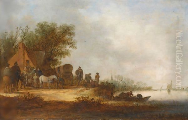 A River Landscape With Travellers With Their Horse-Drawn Carriages And Wagons Halting At An Inn - view 1