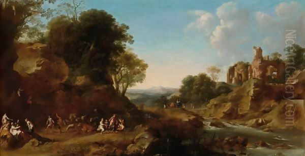 An Extensive Italianate Landscape With A Bacchanale, Other Bacchantes On A Bridge In The Background Near Ruins On A Hill - view 1