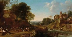 An Extensive Italianate Landscape With A Bacchanale, Other Bacchantes On A Bridge In The Background Near Ruins On A Hill