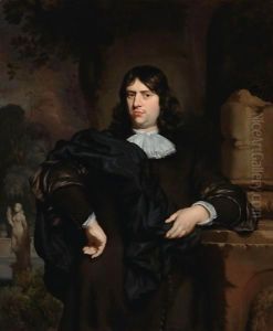 A Portrait Of A Gentleman, Standing Three-Quarter Length, Wearing A Black Coat With A White Collar And A Black Cloak by Nicolaes Maes