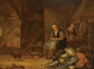 A Barn Interior With A Woman Peeling Onions And Another Woman Cleaning by Pieter Symonsz. Potter