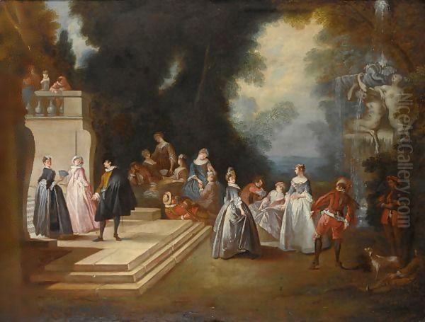 An Elegant Company Conversing In A Park Setting, Near A Fountain - view 1