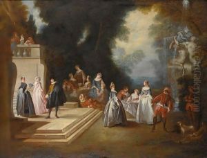 An Elegant Company Conversing In A Park Setting, Near A Fountain by Nicolas Lancret