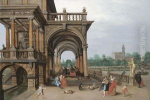 The Gardens Of A Palace, With Elegant Figures Strolling, Making Music And Playing Backgammon In A Loggia by Hendrick van, the Younger Steenwyck