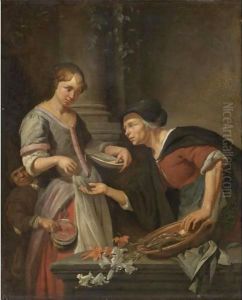 A Market Scene With A Young Lady Paying For Some Fish, A Boy Picking Her Purse Behind by Jacob Toorenvliet