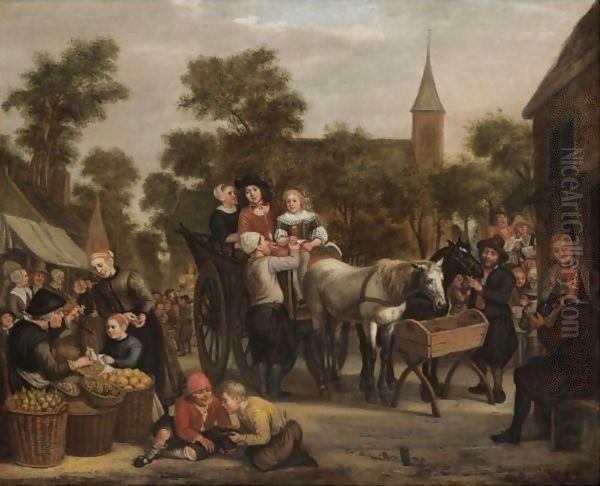 A Market Scene, With A Horse And Cart And Travellers Taking Refreshment - view 1