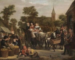 A Market Scene, With A Horse And Cart And Travellers Taking Refreshment by Jan Victors