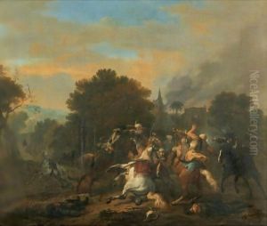A Cavalry Skirmish Between Turks And Christians In A Wooded Landscape by Jan von Huchtenburgh