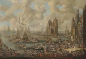 A Busy Harbour With Numerous Merchants And Fishermen