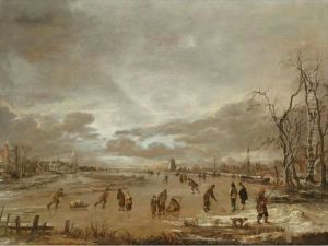 A Winter Landscape With Skaters And Kolf Players On A Frozen River by Aert van der Neer
