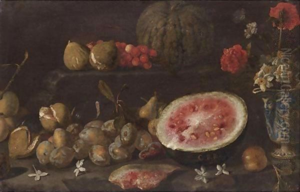 Still Life With Plums, Passionfruit, Cherries, Watermelon And A Vase Of Flowers by Giovanni Battista Ruoppolo