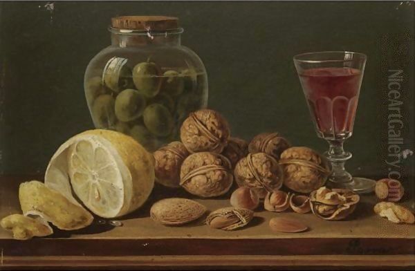Still Life With Walnuts, Olives In A Glass Jar, A Partly Peeled Lemon And A Glass Of Red Wine - view 1
