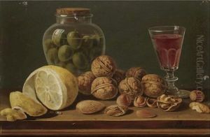 Still Life With Walnuts, Olives In A Glass Jar, A Partly Peeled Lemon And A Glass Of Red Wine by Miguel Parra