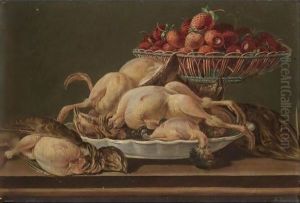 Still Life With Plucked Game And A Basket Filled With Strawberries by Miguel Parra