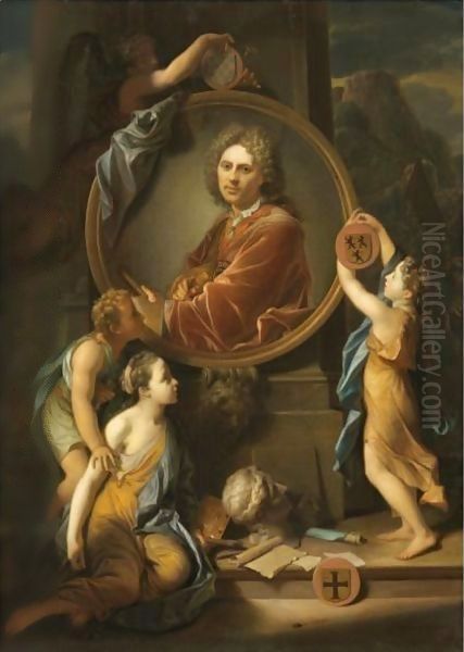 Infants Decorating A Stone Cartouche Framing A Copy Of A Self-Portrait By Adriaen Van Der Werff - view 1