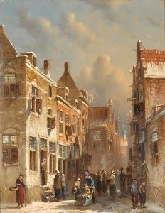 Figures In The Snow Covered Streets Of A Dutch Town by Pieter Gerard Vertin