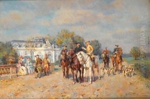 Elegant Hunters On Horse Back by Wilhelm Velten