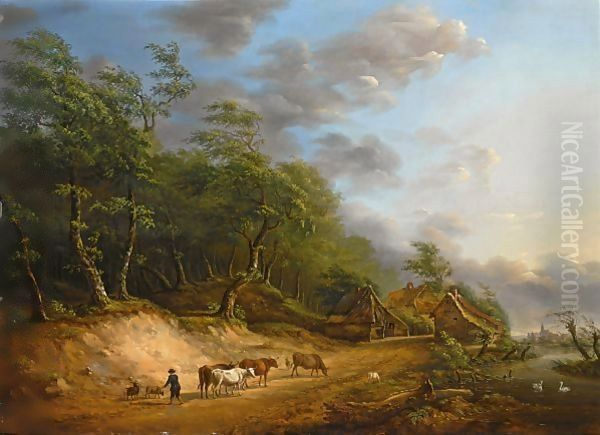 A Cowherd And His Cows On A Country Road - view 1