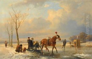 A Winter Landscape With Figures On A Sleigh, A 'Koek En Zopie' In The Background