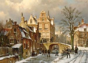 Figures On A Frozen Canal In A Dutch Town by Willem Koekkoek