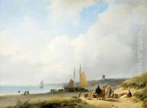 Figures On The Dutch Coast, A Lighthouse In The Distance by Andreas Schelfhout