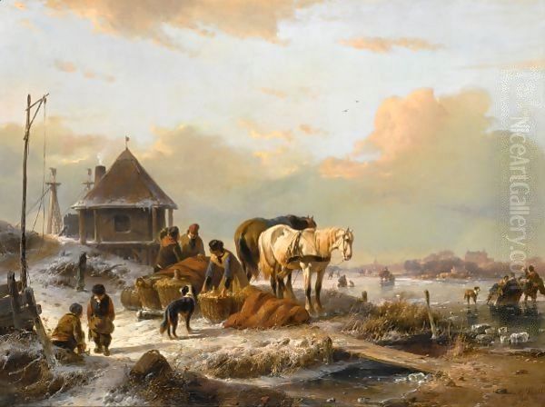 A Winter Landscape With Figures Loading A Horse Sleigh - view 1
