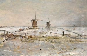 Snow Covered Windmills Near Overschie
