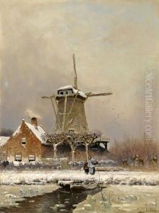 Figures By A Windmill In A Snow Covered Landscape by Louis Apol