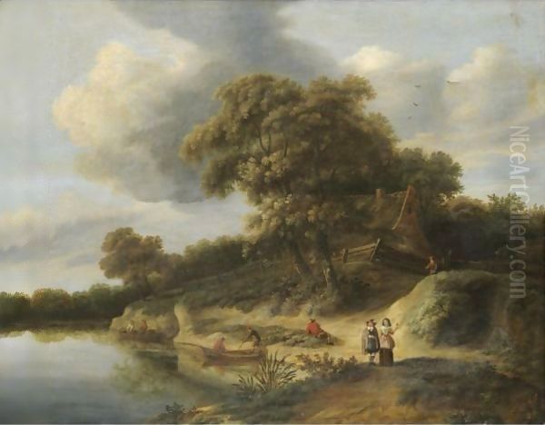 A River Landscape With Figures In Rowing Boats And An Elegant Couple On The River Bank - view 1