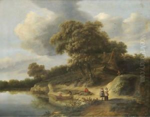 A River Landscape With Figures In Rowing Boats And An Elegant Couple On The River Bank by Hendrick Van Der Straaten
