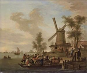 A River Landscape With A Ferry And A Windmill