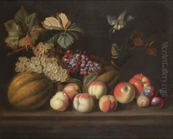 A Still Life With A Melons, Grapes, Peaches, Apples And A Bluetit by Jakob Bogdany