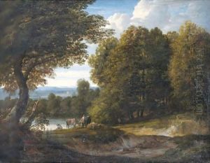 A Wooded River Landscape With Cattle And Two Figures by Jaques D'Arthois
