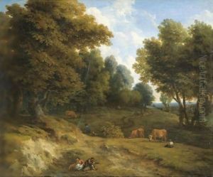 A Wooded Landscape With Cows, And Figures In The Foreground by Cornelis Huysmans