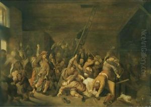 A Tavern Interior With Figures Brawling