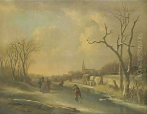 A Winter Landscape With Skaters On A Frozen River, Together With A Family Of Faggot Gatherers by Andries Vermeulen