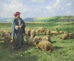 A Young Shepherdess Watching Over Her Flock by Julien Dupre