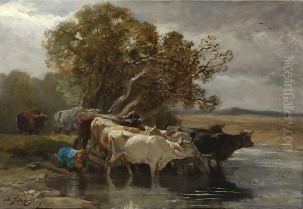 Drover Watering Cattle Near A Pond - view 1