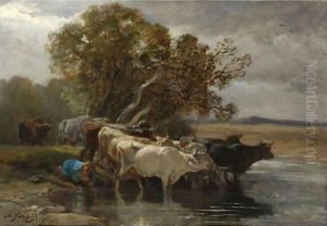 Drover Watering Cattle Near A Pond by Charles Emile Jacque