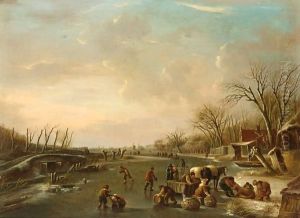 A Winter Scene With Skaters And A Horse-Drawn Sleigh With Poultry Sellers by Andries Vermeulen