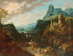 An Italianate River Landscape With Travellers And A Bridge Beyond