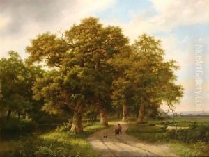 A Wooded Landscape With Figures On A Country Road by Marianus Adrianus Koekkoek