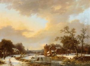 An Extensive Dutch Winter Landscape With Figures On A Frozen River by Marianus Adrianus Koekkoek