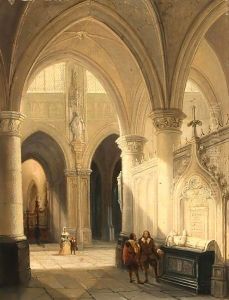 Figures In 17th Century Dress In A Church Interior by Jan-Baptiste Tetar van Elven