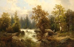 A Mountainous Landscape With A Traveller Near A Torrent by Josef Thoma