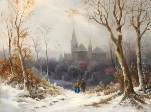 Figures In A Wintry Landscape, A Church Beyond by Colestin Burger