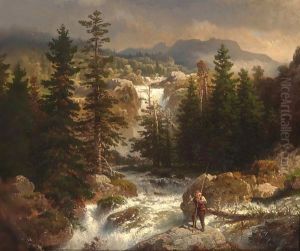 A Fisherman Inspecting His Catch Near A Mountain Torrent by Andreas Achenbach